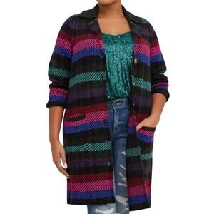 Torrid Multicolored Plaid Striped Collared Buttoned Sweater Coatigan Boho